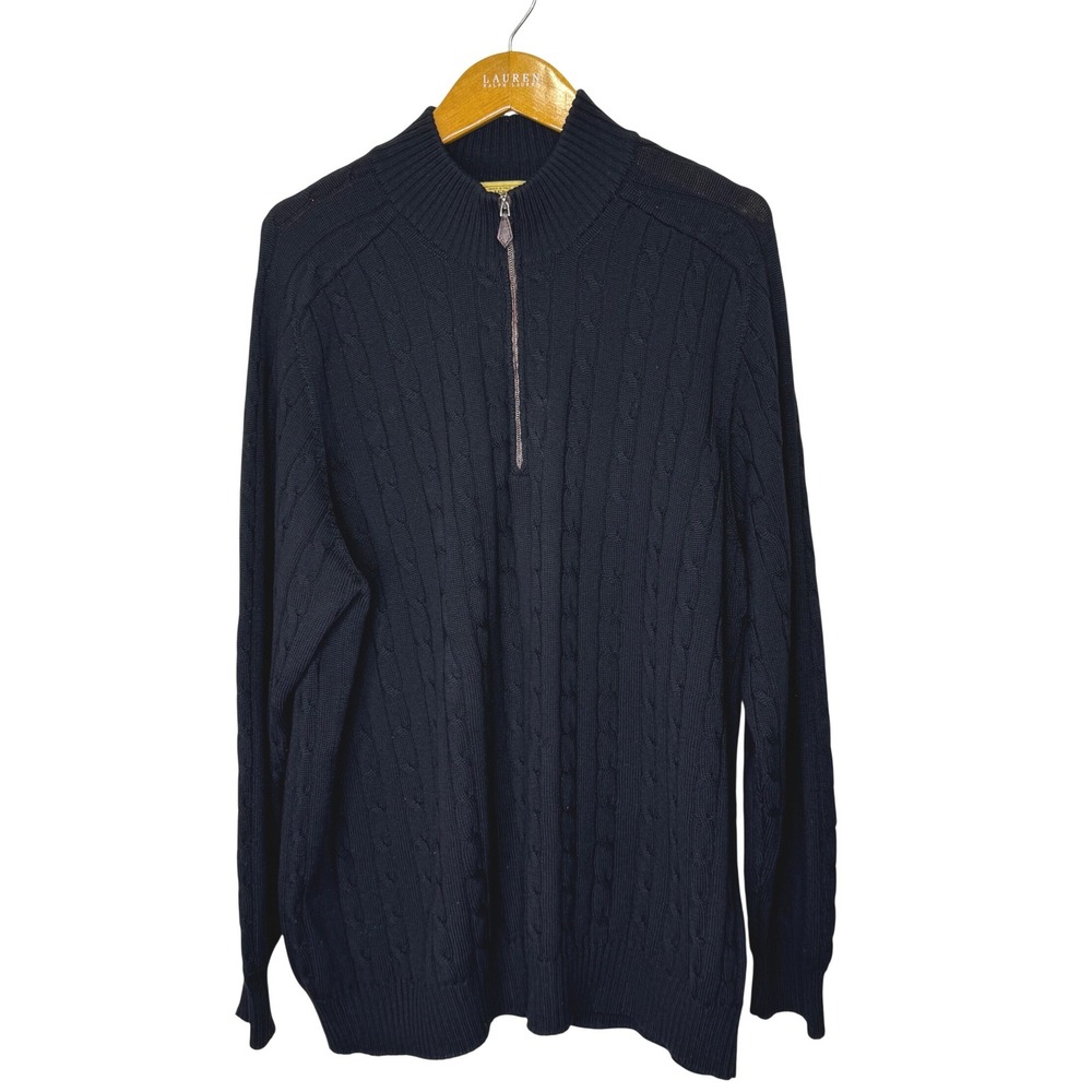 Paul Stuart Cable Knit Sweater Wool 1/3‎ Zip Large Black